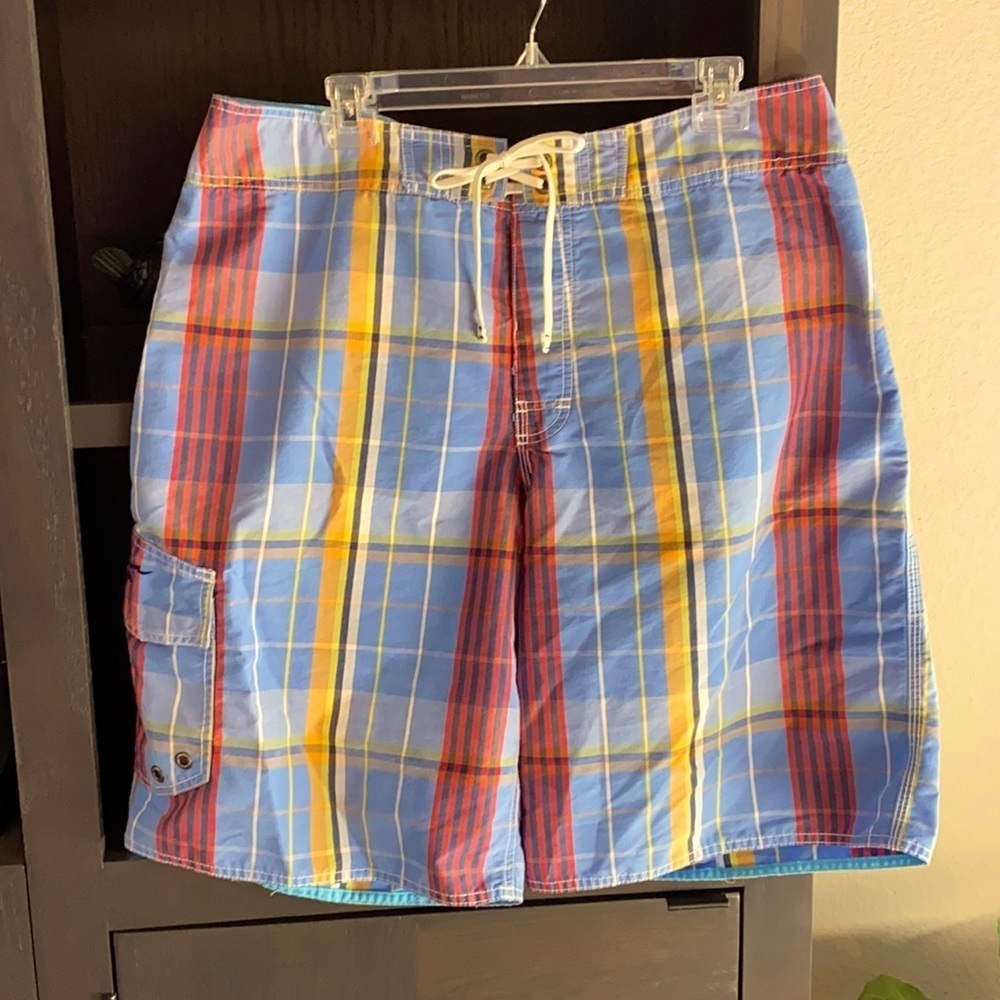 AMERICAN EAGLE Blue Plaid Swim Trunks Board Shorts Size 36